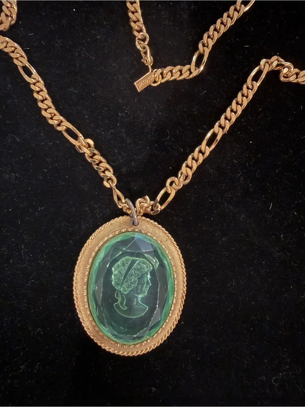 Monet Gold-Tone Necklace with Green Oval Cameo Pendant